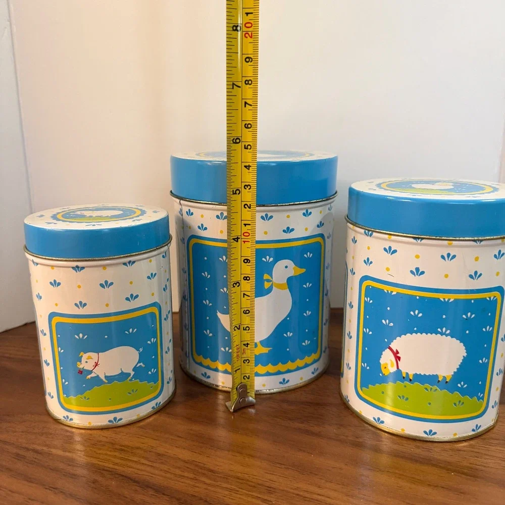 Vintage 1984 WA Nesting Kitchen Canisters Set of 3 Goose Sheep Pig Farm Blue Tin